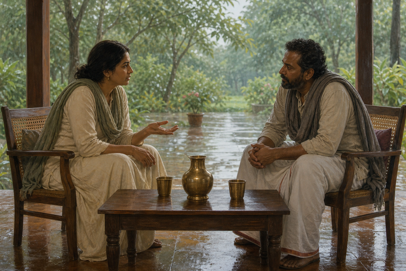 Two practitioners sit across a low table on a veranda, with one speaking calmly and the other listening after rainfall.