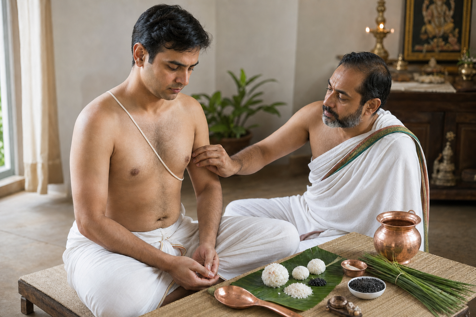 A priest checks that a householder's sacred thread passes over the right shoulder and beneath the left arm before a Shraddha offering.