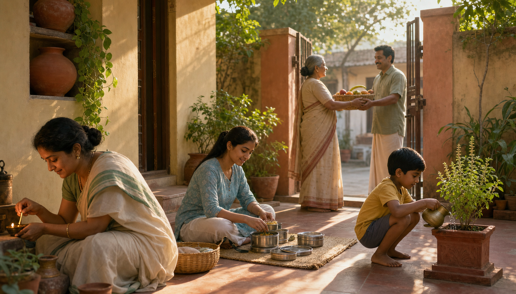 Members of a household light a lamp, pack food, water a tulsi plant, and give fruit to a neighbor in a sunlit courtyard.