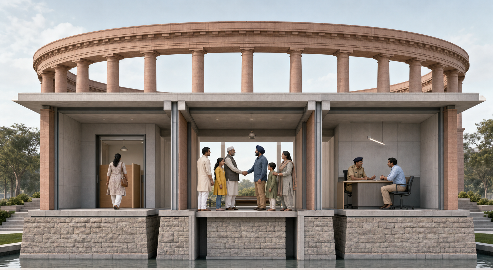 One civic building shelters voting, interfaith neighborly contact, and equal public service on three matching stone foundations.