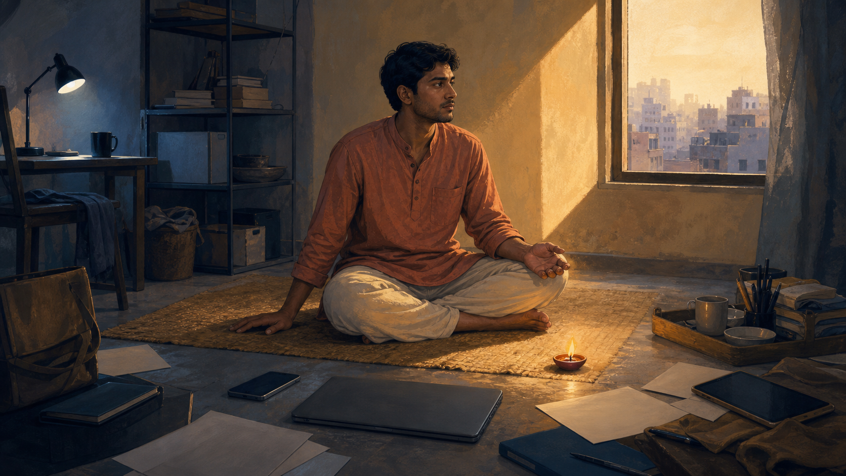 A person sits calmly on a woven mat at dawn while blank papers and unbranded devices remain scattered around the edges of an urban room.