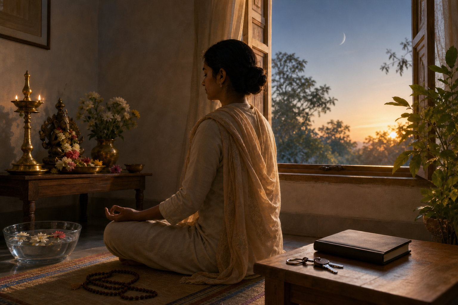 A person meditates beside a simple home altar at dawn while the Moon remains visible through an open window.