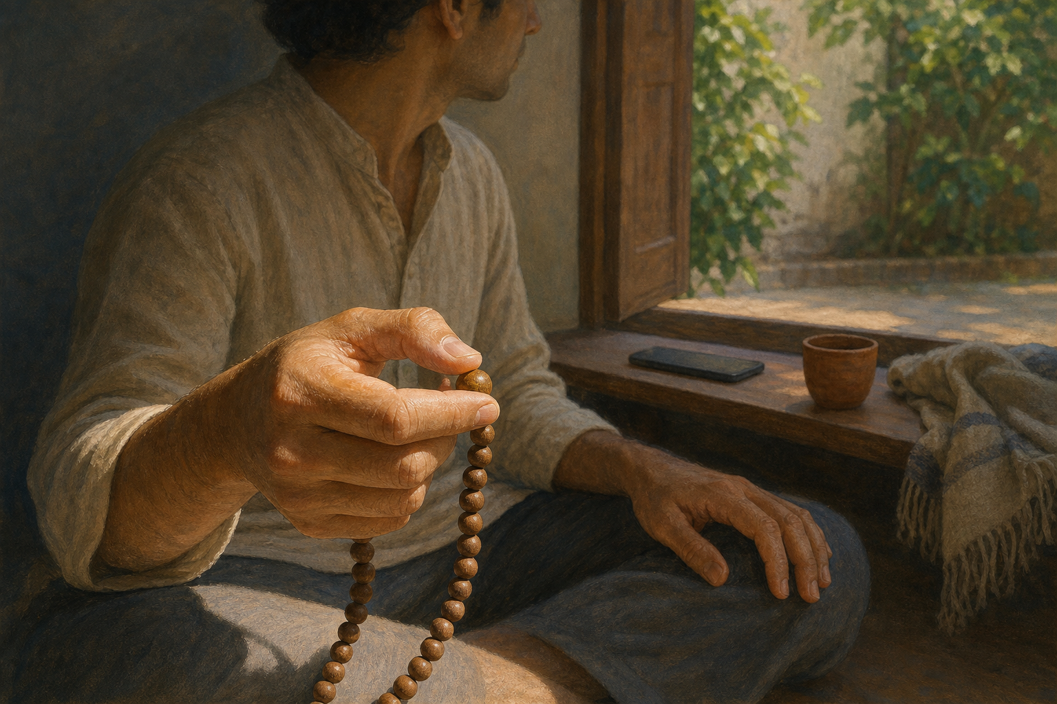 A seated person moves one plain wooden prayer bead between their fingers while a phone lies face down on a shelf across the room.