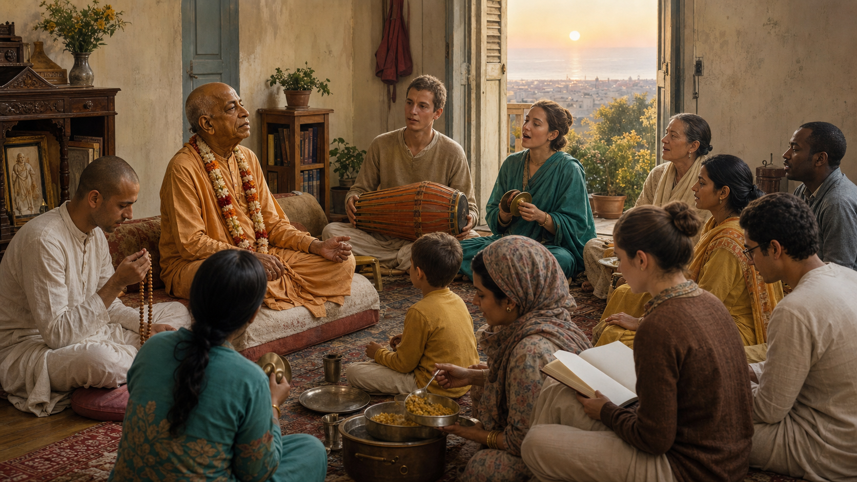 Srila Prabhupada sits among a diverse multigenerational circle whose members chant, study, sing, and share a vegetarian meal in a warm community setting.