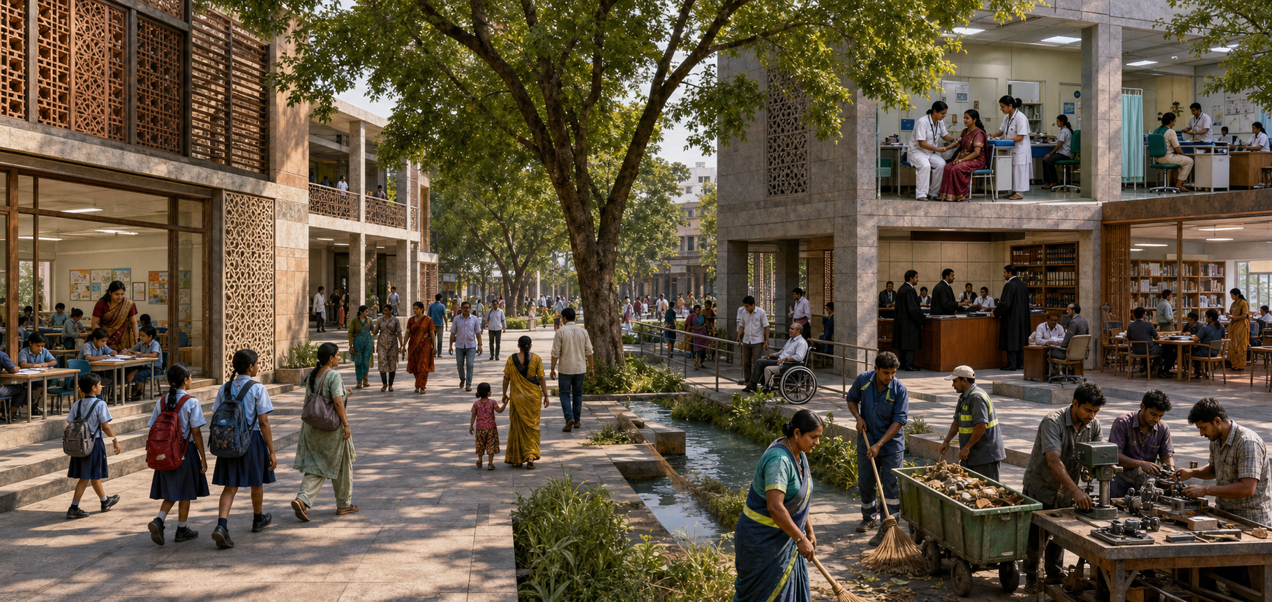 Teachers, medical workers, court staff, engineers, students, and families use modern public institutions around an Indian civic square.