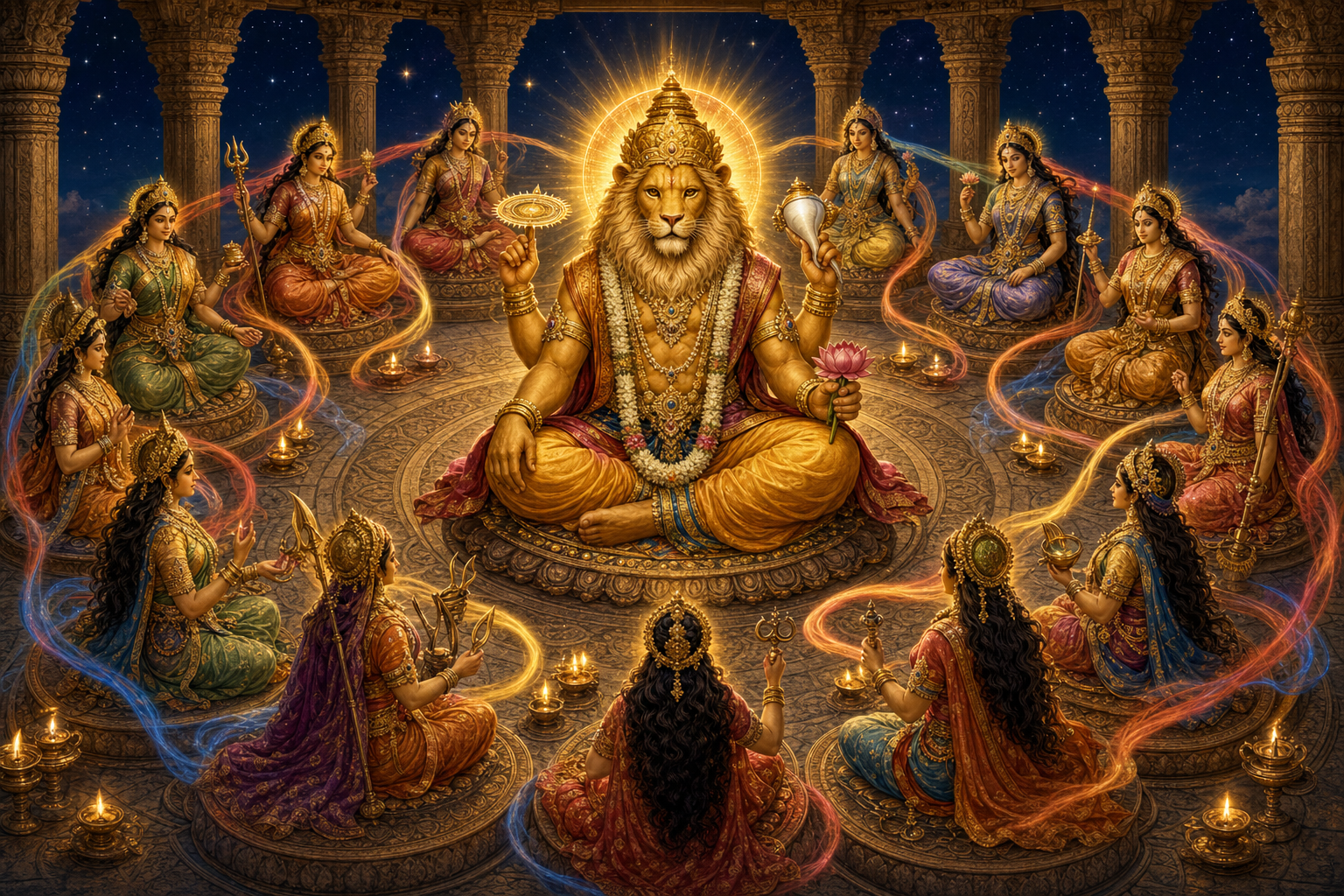 Narasimha sits at the center of a luminous sanctuary while Yogini Shakti figures form a connected protective circle around him.