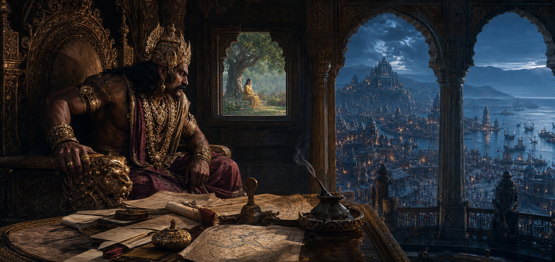 Ravana looks from his throne toward a distant guarded garden while royal petitions and matters of state lie neglected beside him.