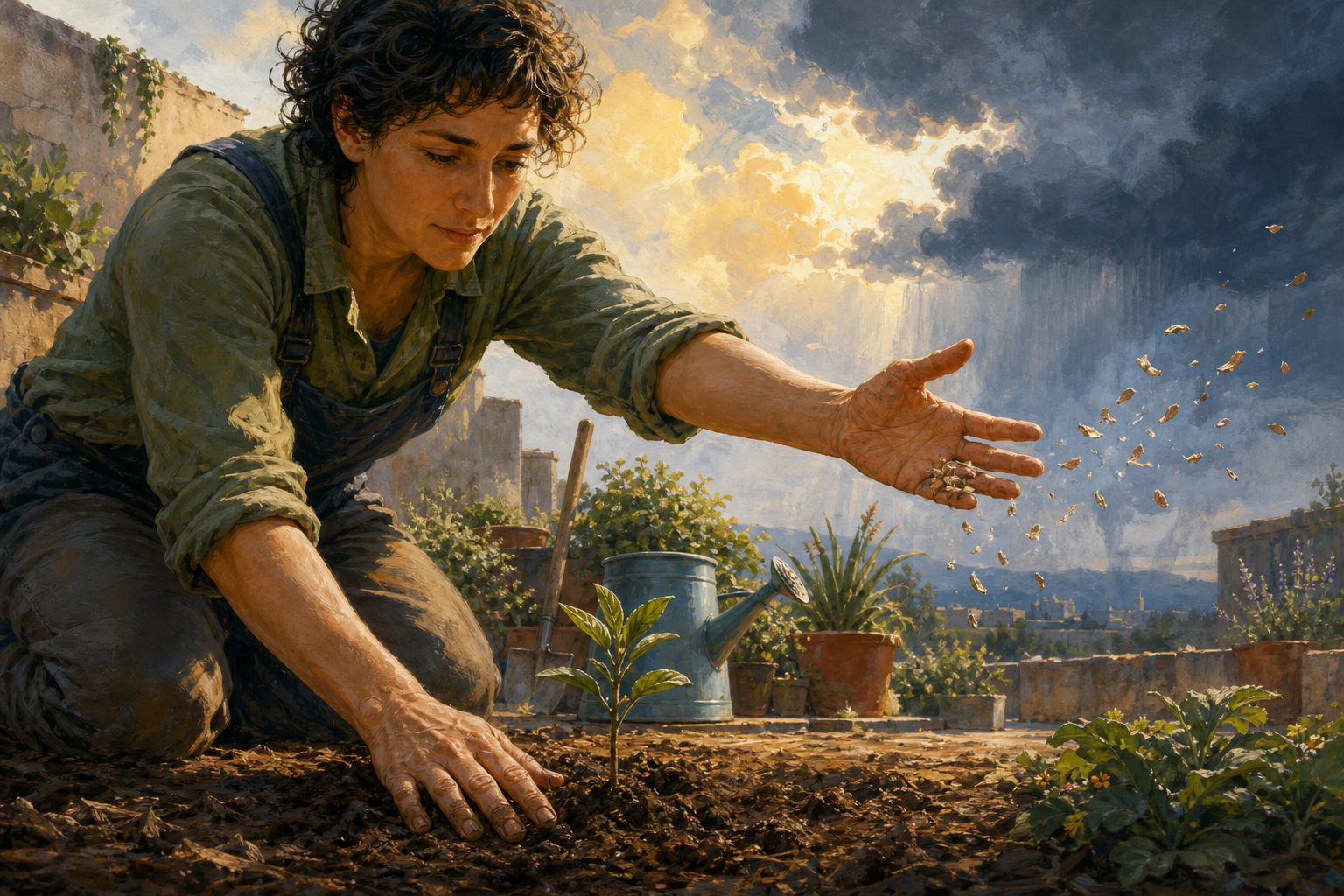 A gardener presses soil around a young sapling with one hand while the other releases dry seed husks into the wind beneath a changing sky.