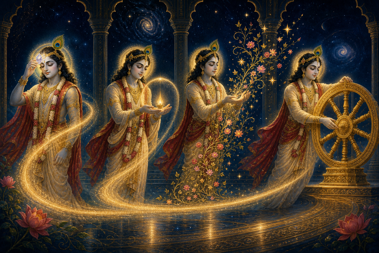 Four related luminous figures enact a sequence of understanding, protection, creation, and restored balance.