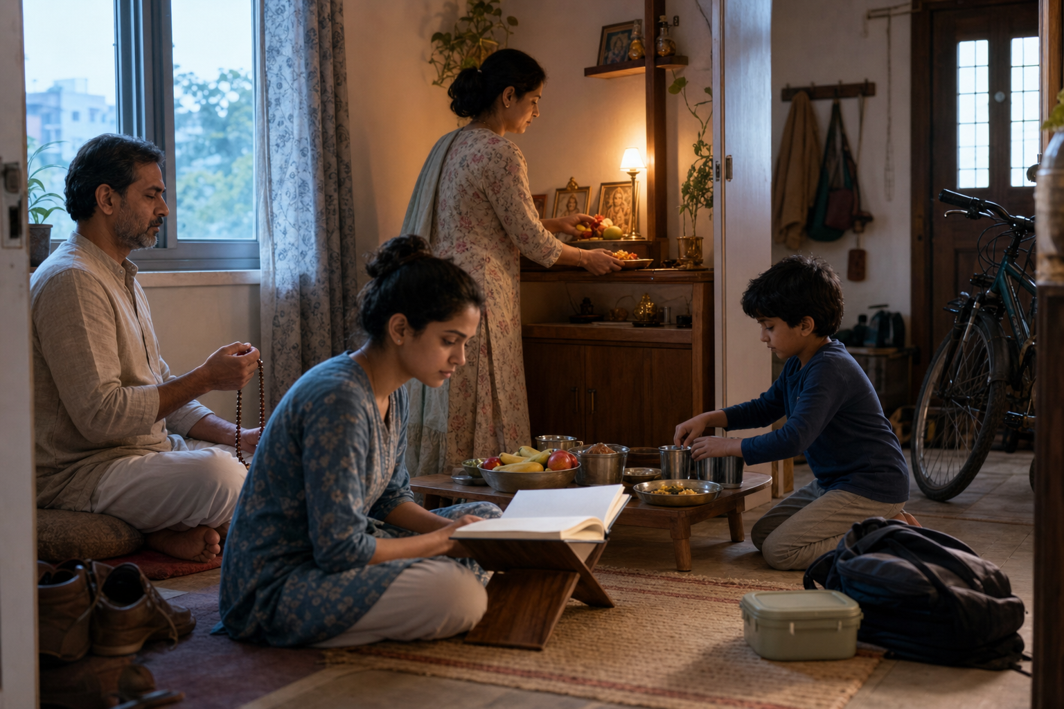 A household chants with prayer beads, reads, prepares an altar offering, and organizes breakfast before beginning the work and school day.
