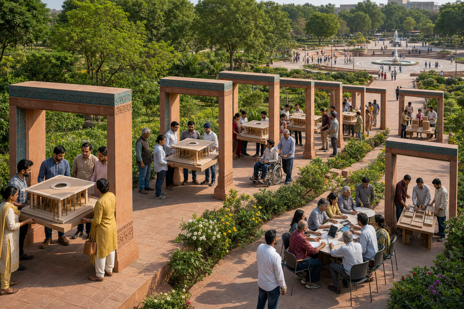 Citizens inspect a civic building model as it passes through seven open gateways leading to a shared public plaza.