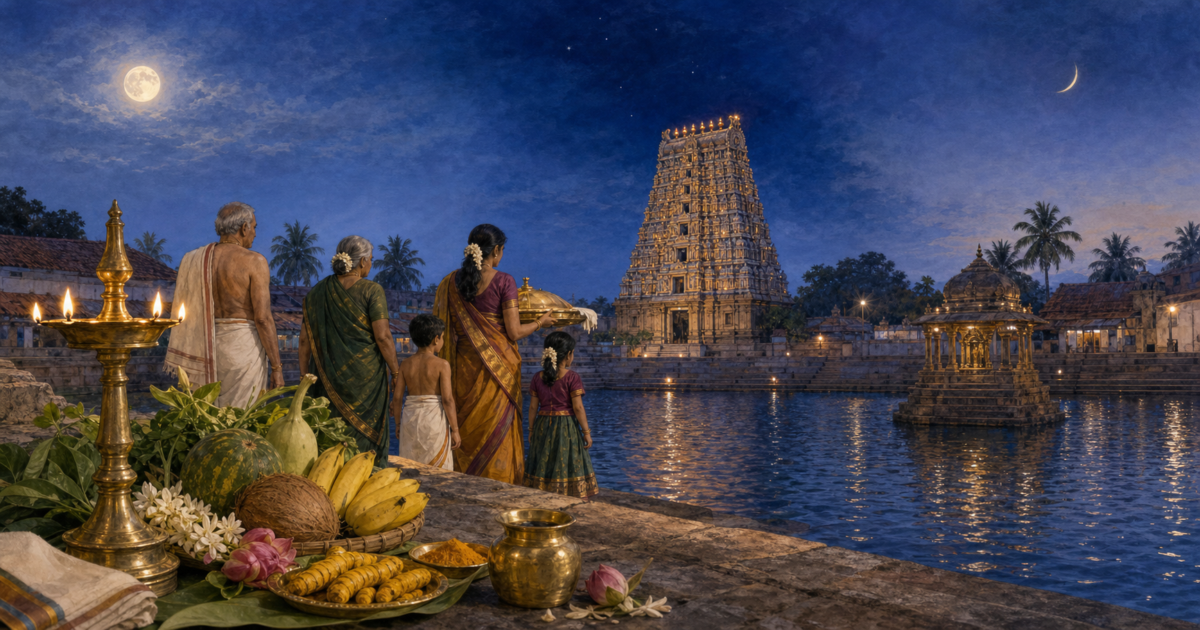 A South Indian family carrying offerings toward a temple and temple tank beneath a symbolic changing lunar sky.