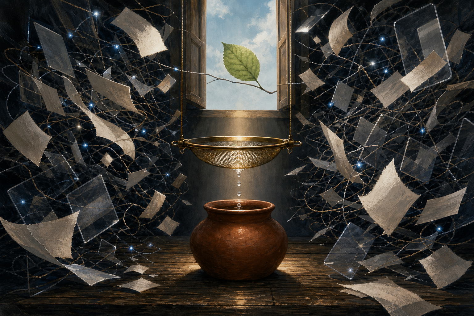 Blank paper scraps and glowing screen-like shapes swirl around a brass strainer while a few clear droplets fall into a clay vessel.