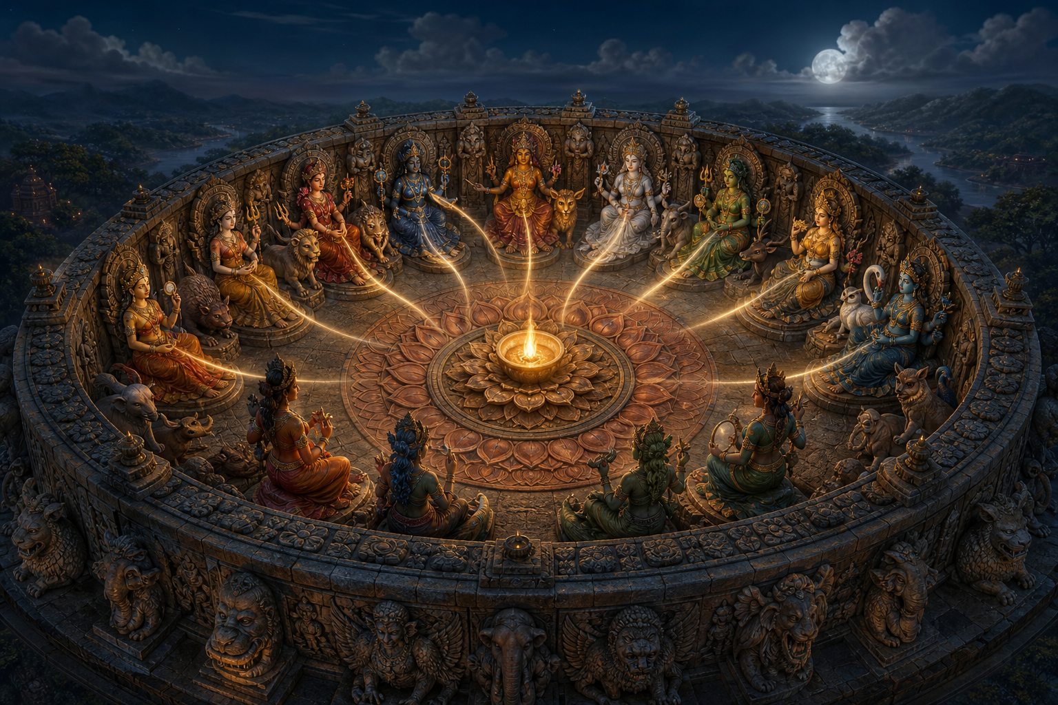 Yogini figures stand around a circular stone sanctuary, their gestures and arcs of light converging on a central flame.
