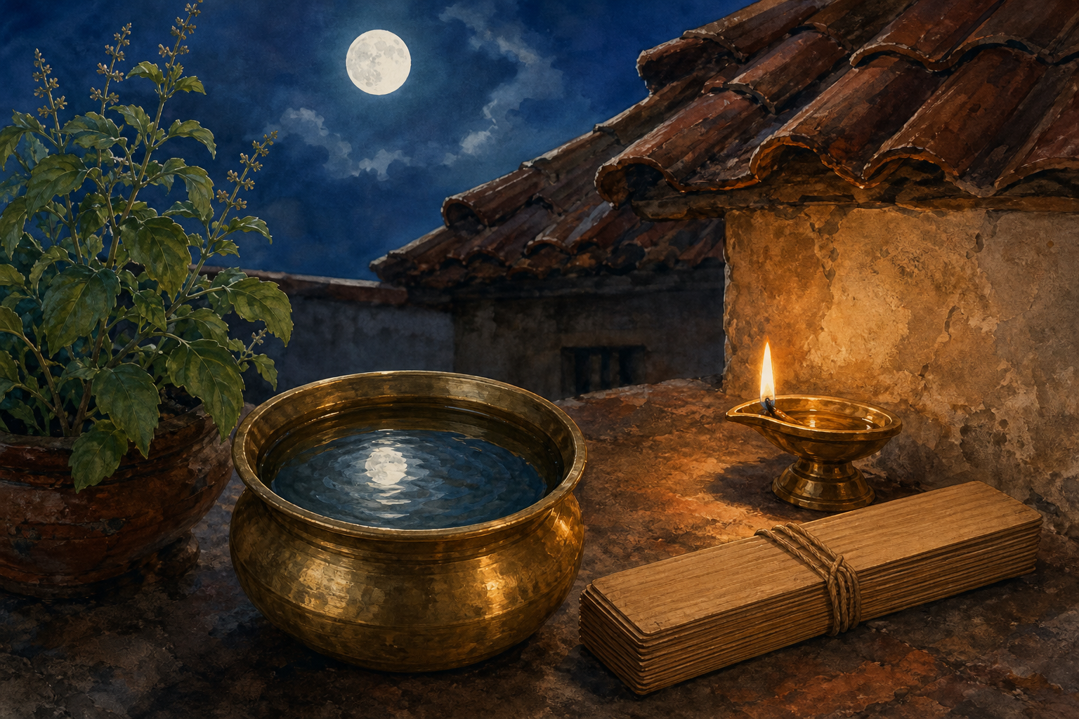 Moonlight reflects in a brass water vessel beside an oil lamp and an unmarked palm-leaf bundle in a South Indian courtyard.