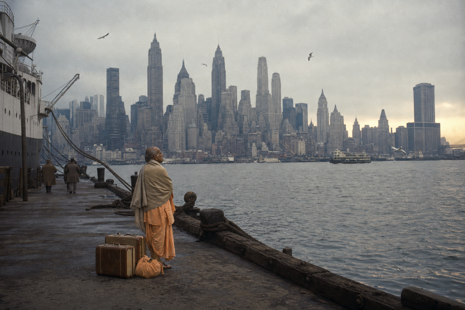 Srila Prabhupada stands with modest luggage on a 1960s New York pier while the Manhattan skyline rises across the harbor.