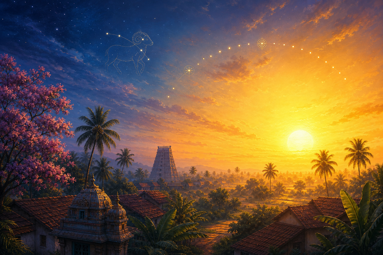 A golden sun rises over a Tamil landscape and distant temple tower, with a subtle ram-shaped constellation motif in the sky.
