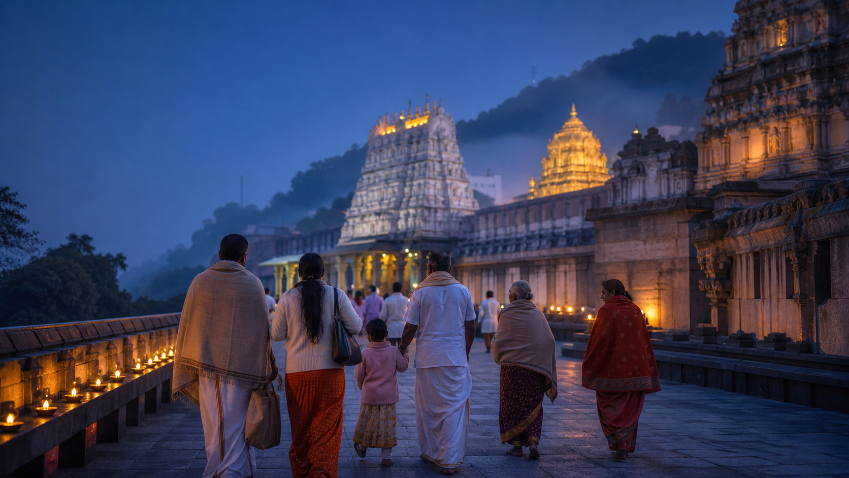 Pilgrims wearing traditional clothing and warm shawls walk toward a lamp-lit South Indian temple complex through cool dawn mist.