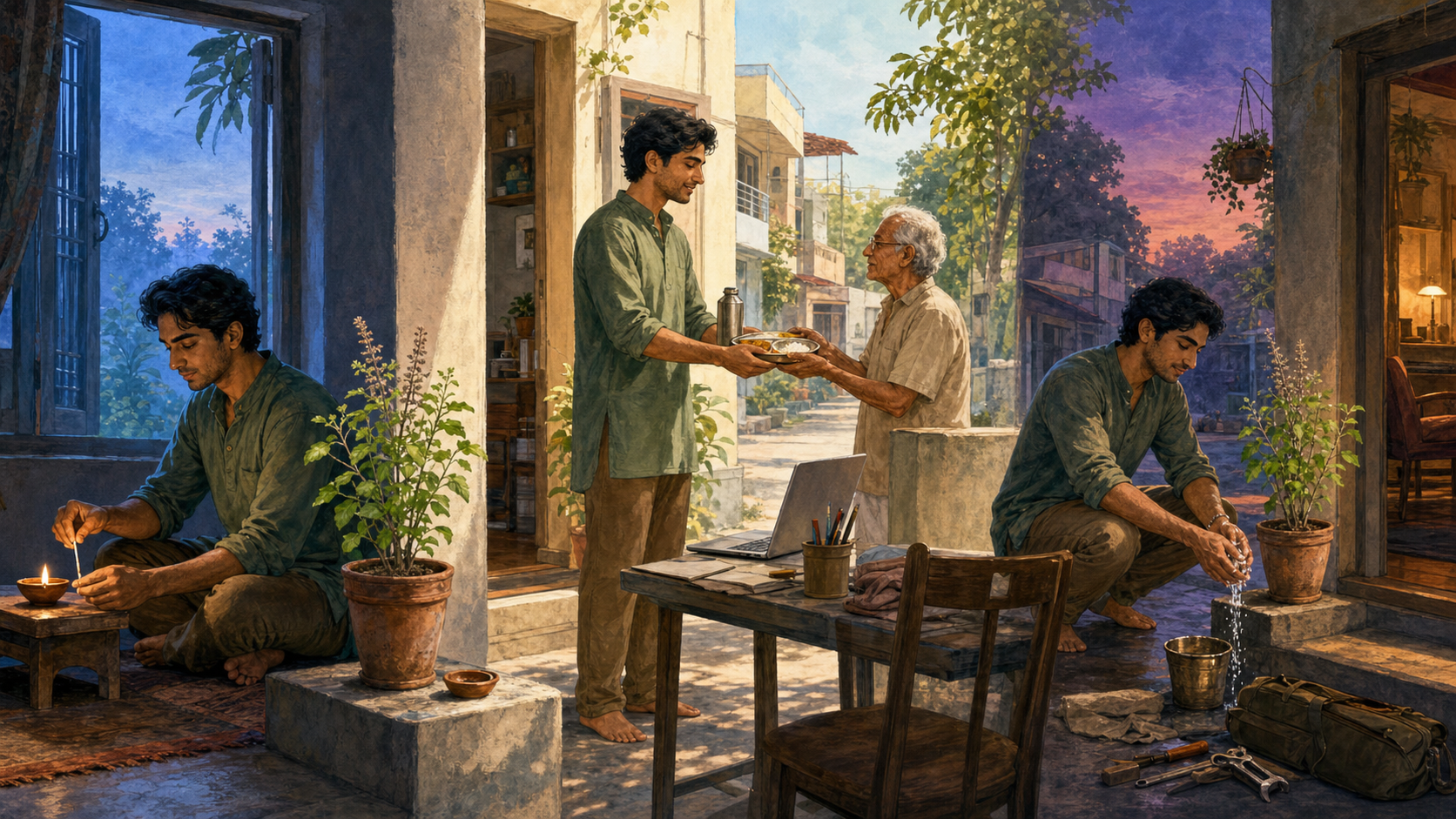 The same person lights a clay lamp at dawn, brings a meal to an older neighbor during the day, and sets down their tools at dusk.