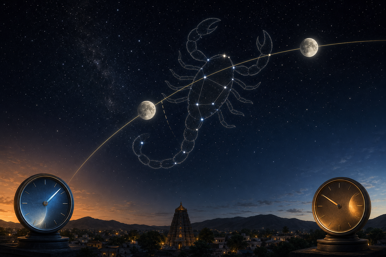 The Moon follows an arc into and out of a scorpion-shaped star region above a local horizon, with two unnumbered clocks indicating separate boundary times.
