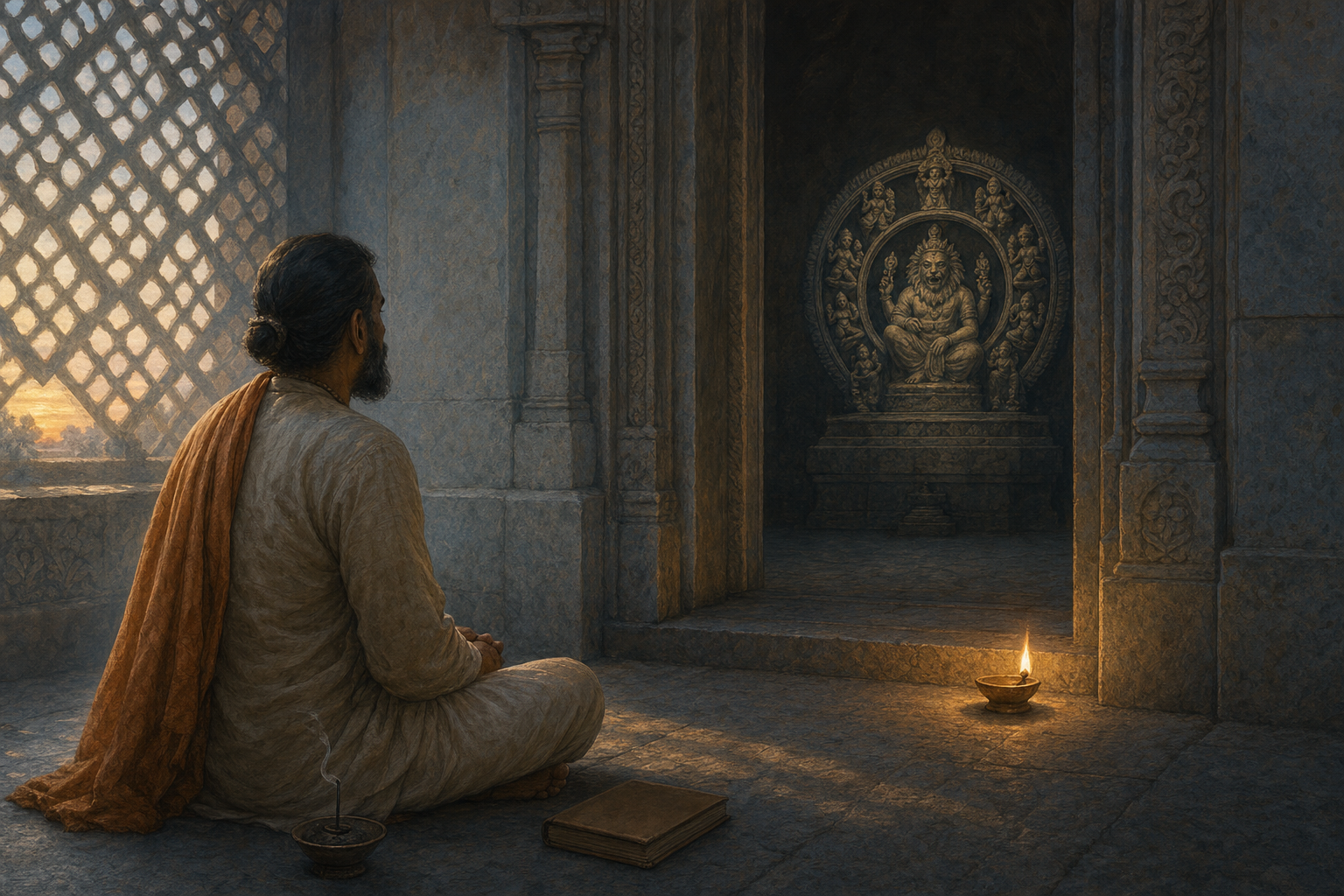 A seated devotee quietly observes a distant Narasimha and Shakti shrine from outside its lamp-lit threshold.