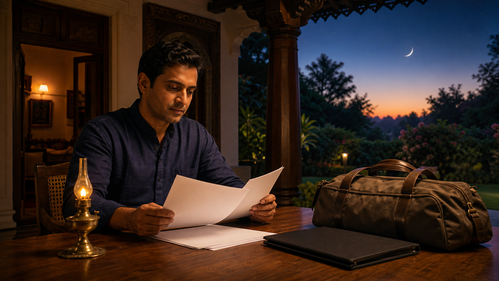 A professional completes routine desk work at blue hour while a packed travel bag and closed folder wait beside the table.