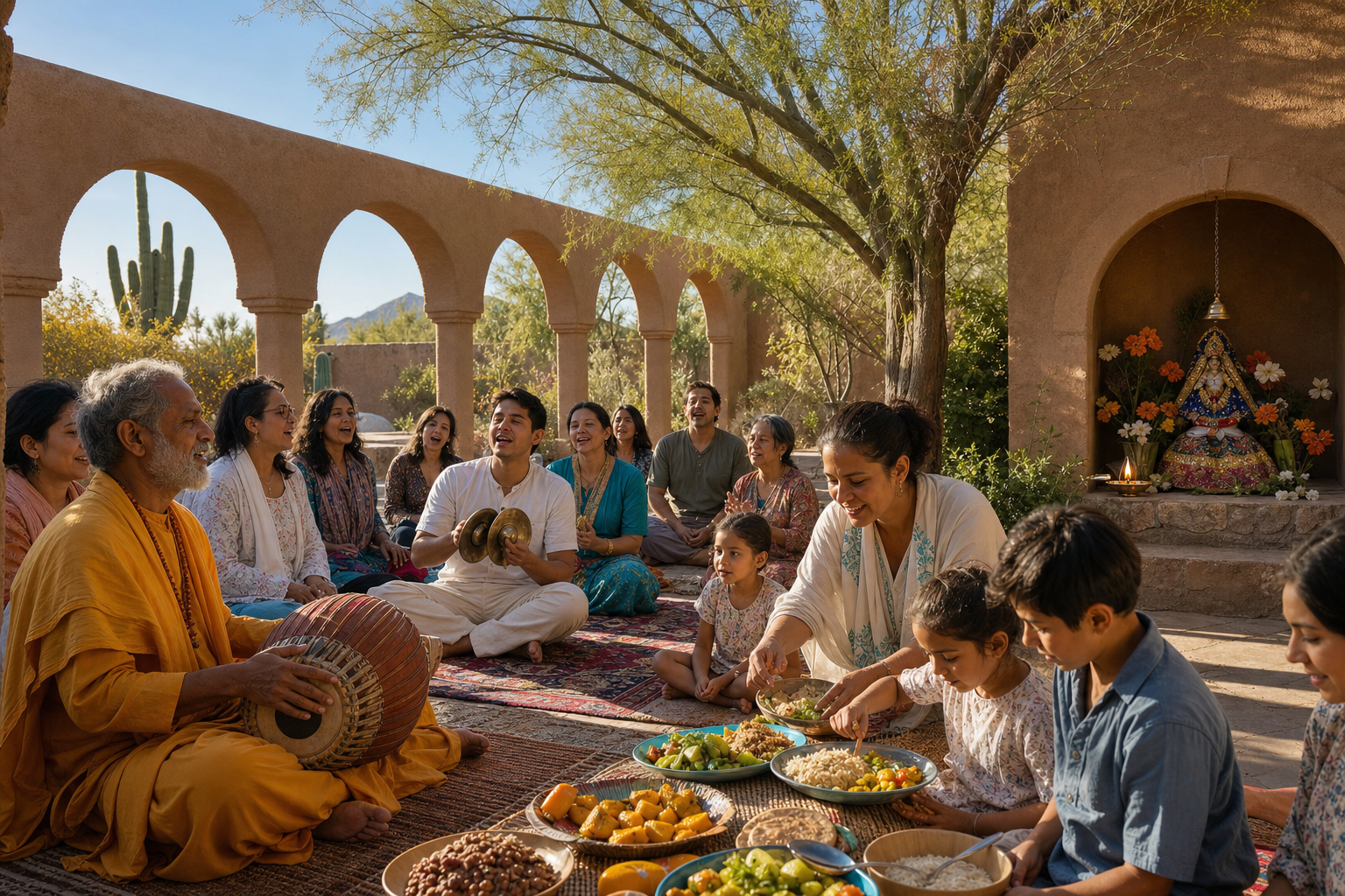 A diverse Vaishnava community sings, plays devotional instruments, and prepares vegetarian food in a shaded Phoenix courtyard surrounded by desert plants.