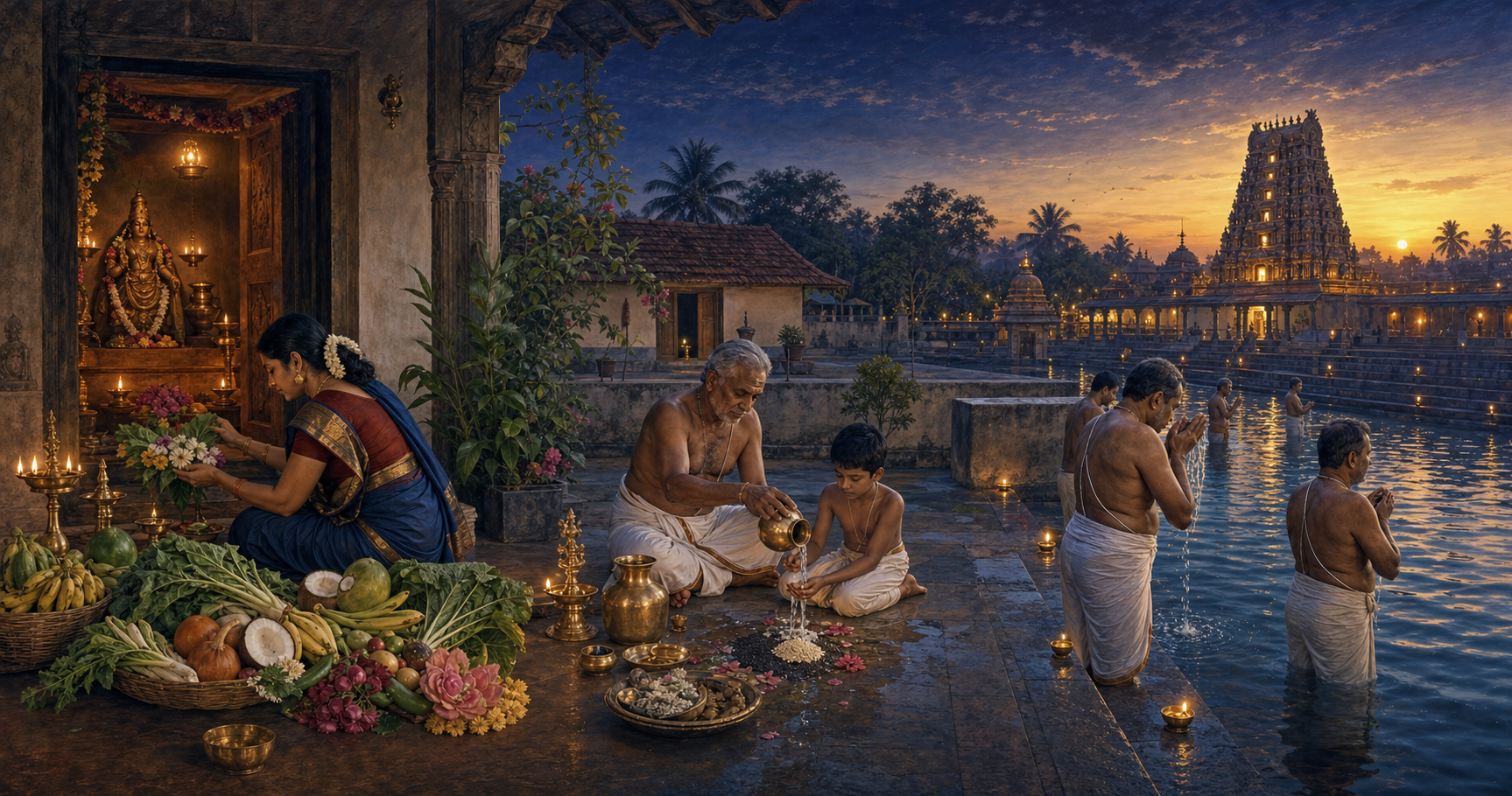 Three connected scenes show vegetable offerings at a home shrine, a family water offering, and a dawn ritual bath at a temple tank.