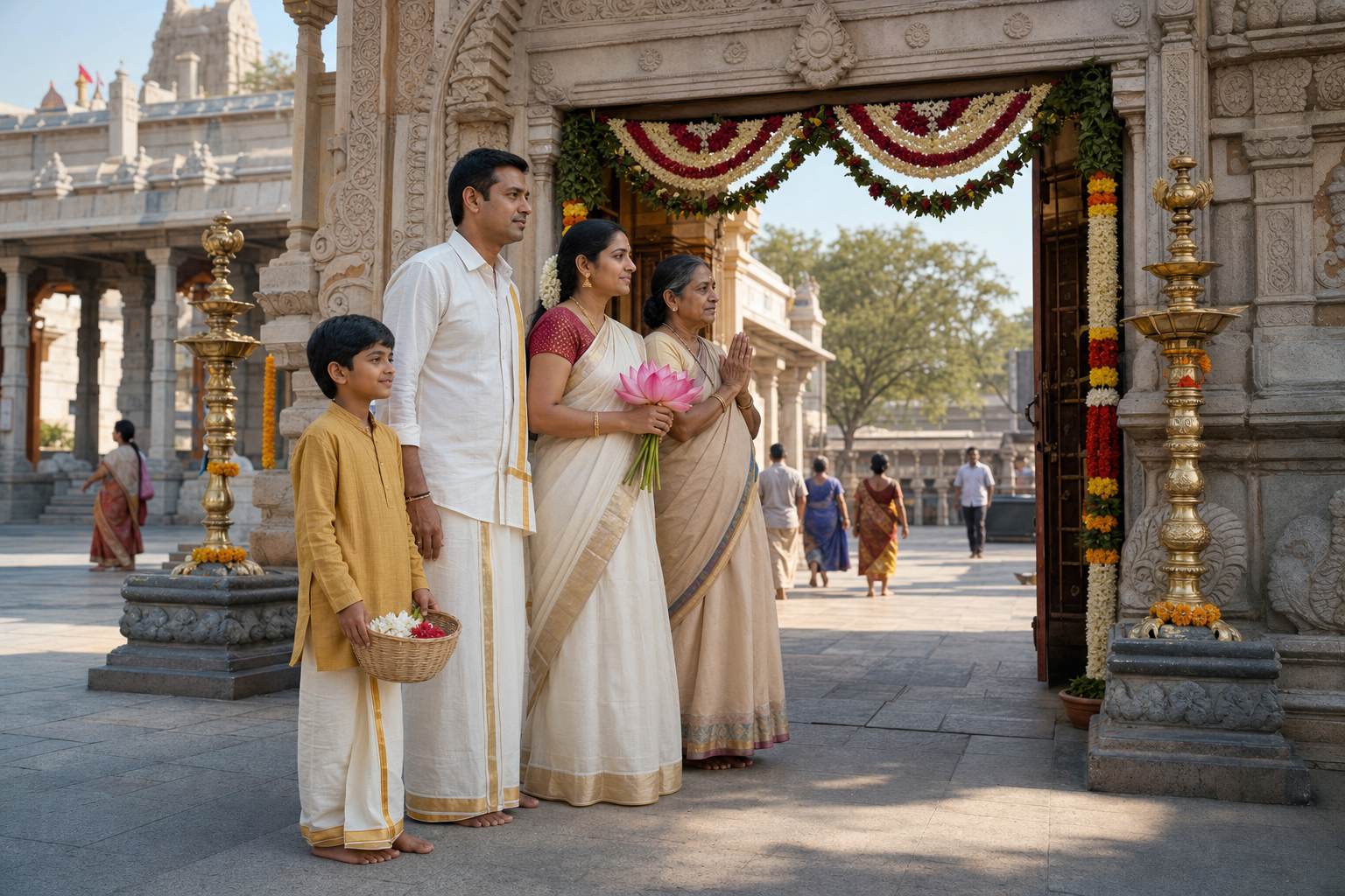 A family carrying lotus flowers and an offering basket pauses in prayer in the morning courtyard of a South Indian temple.