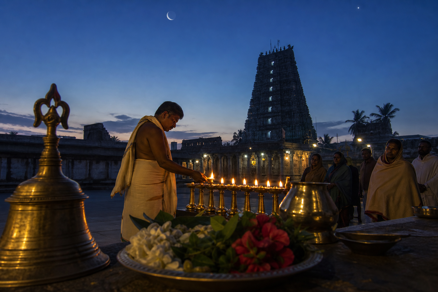 A temple attendant lights brass lamps in a courtyard beneath a waning crescent before sunrise as devotees wait nearby.