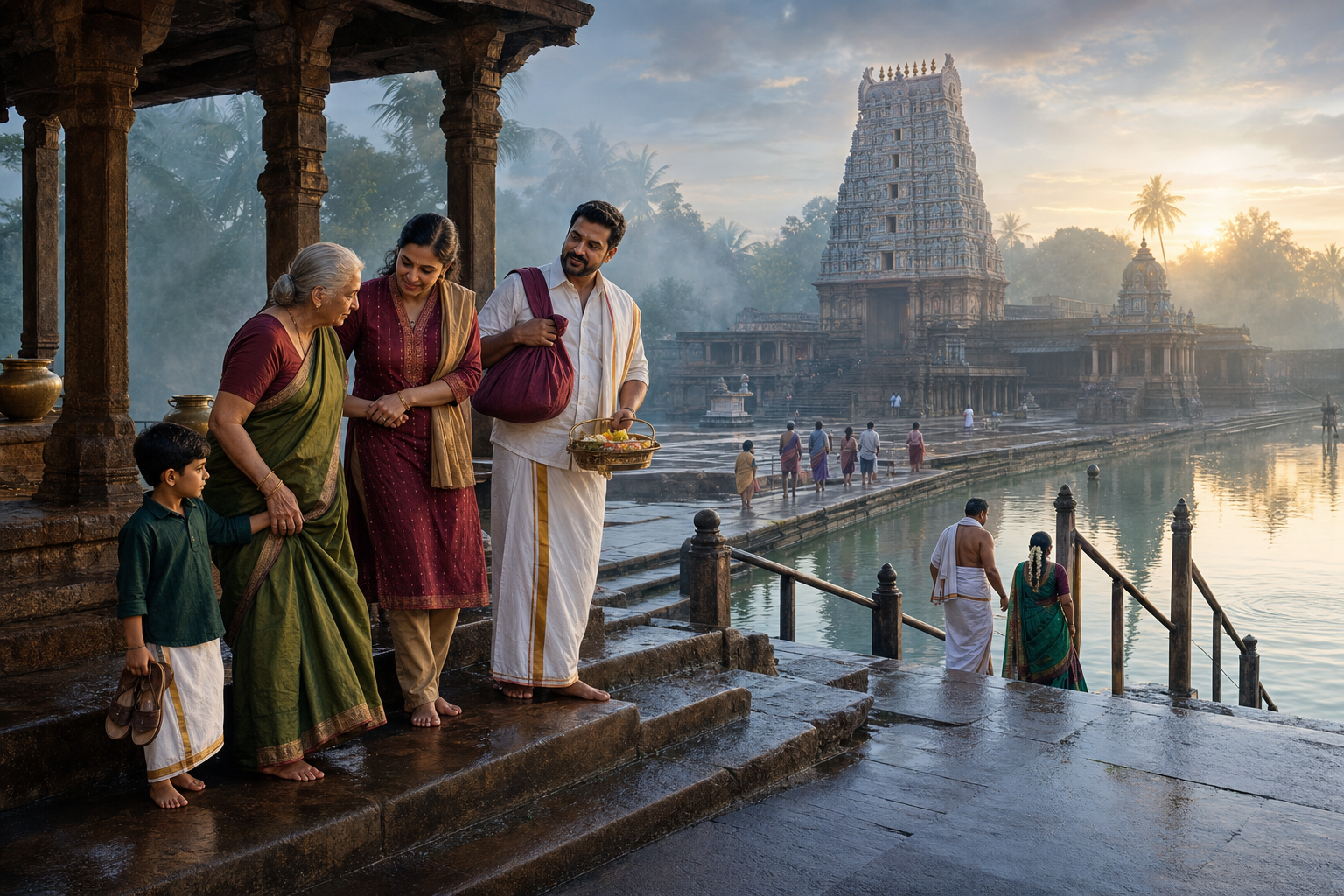 A multigenerational family prepares to climb from a temple tank toward a South Indian temple at sunrise.