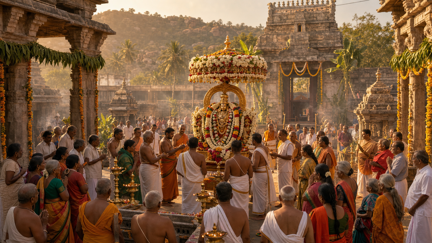 Devotees and priests gather around a flower-decorated processional shrine in the courtyard of a South Indian Vaishnava temple.