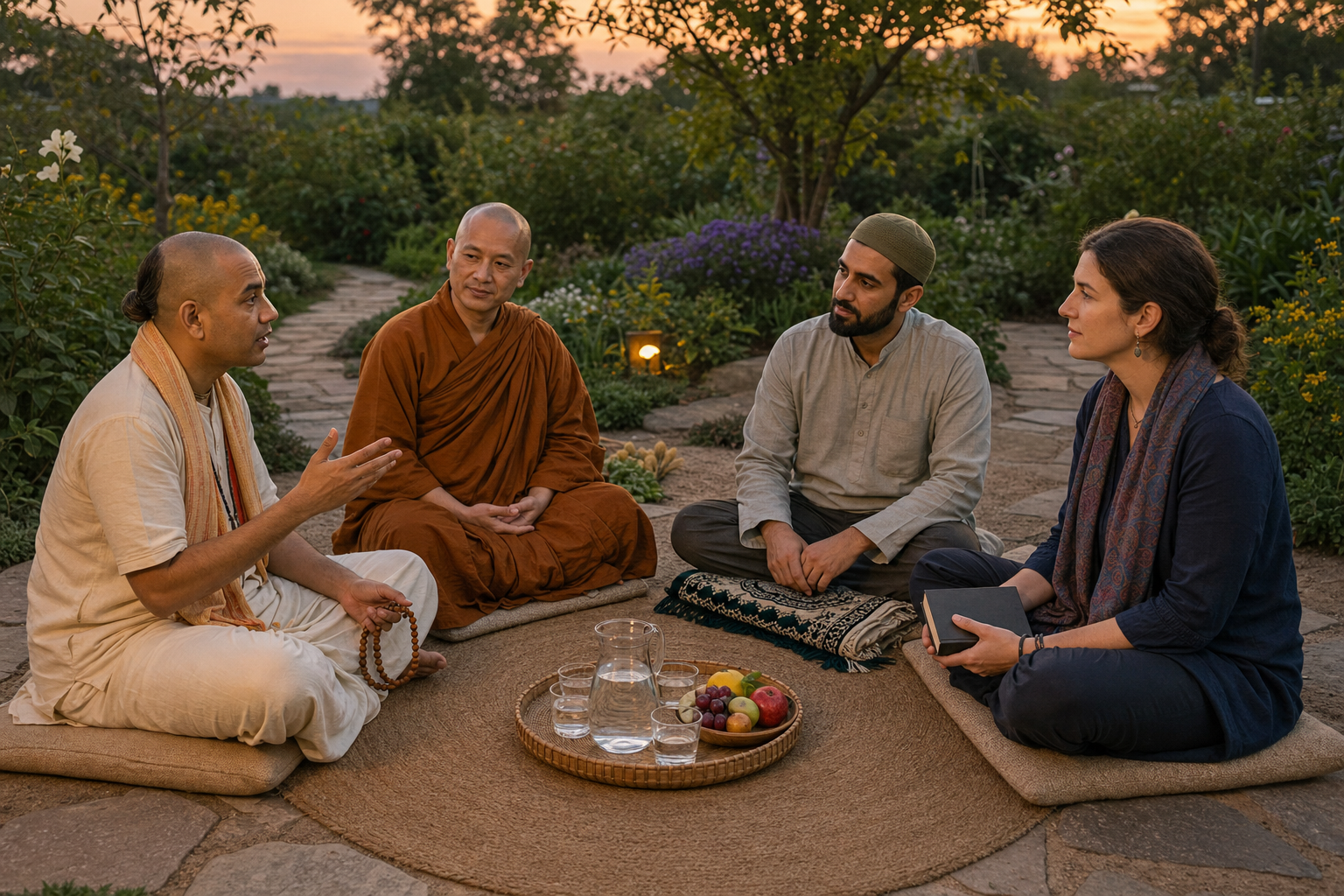 Vaishnava, Buddhist, Muslim, and Christian practitioners sit together in a garden, listening to one another while keeping their distinct devotional objects and practices.