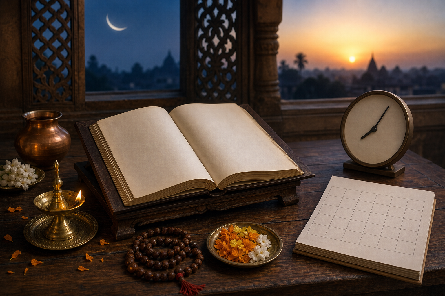 An almanac, blank calendar grid, brass lamp, prayer beads, flowers, copper vessel, and numeral-free clock arranged near a window with the moon visible outside.