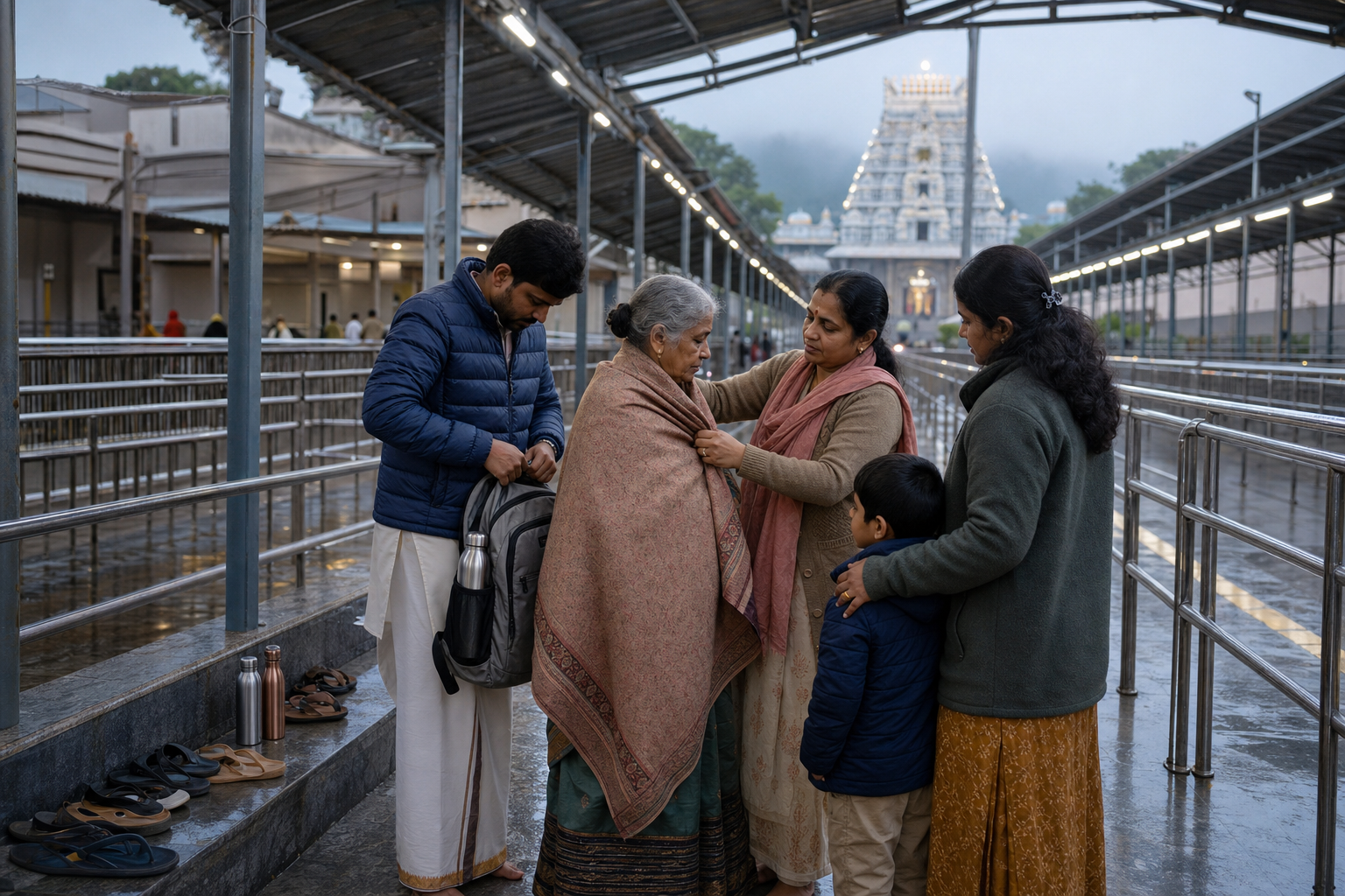 A family adjusts an older pilgrim's shawl and organizes a small bag before entering an orderly covered temple queue.