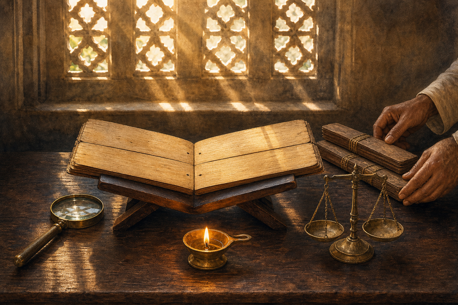 An open palm-leaf manuscript on a wooden stand is surrounded by a magnifying lens, an oil lamp, manuscript bundles, and a brass balance in a sunlit study.