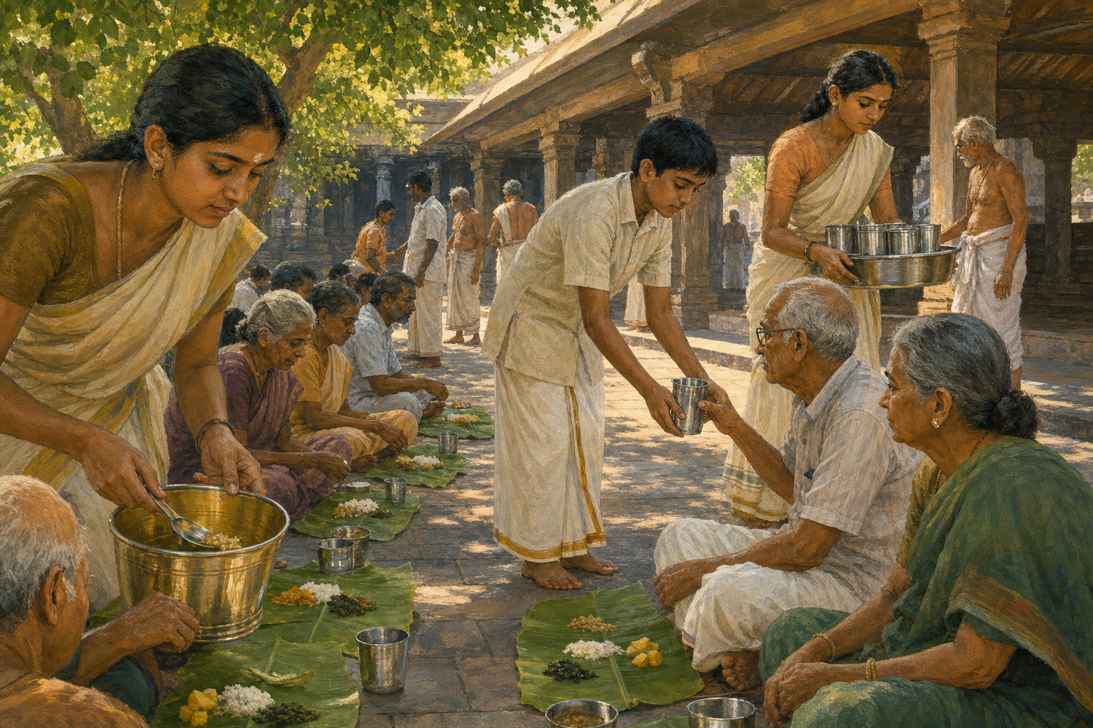 Volunteers serve a simple meal on banana leaves to pilgrims in a shaded South Indian temple courtyard.