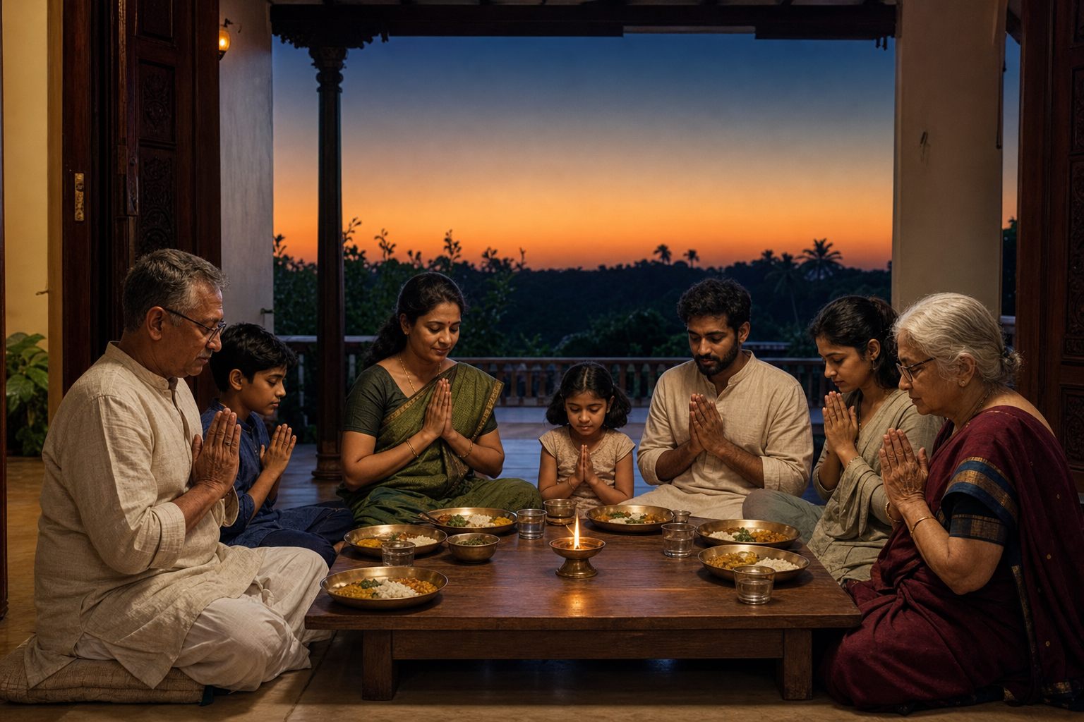 A family pauses before a simple vegetarian evening meal as an oil lamp glows and the sky darkens after sunset.