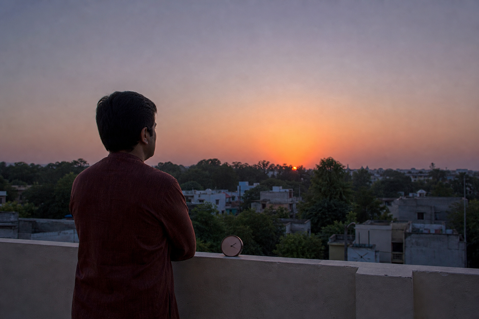 A person watches the sun set from a home terrace beside a plain analog timepiece.