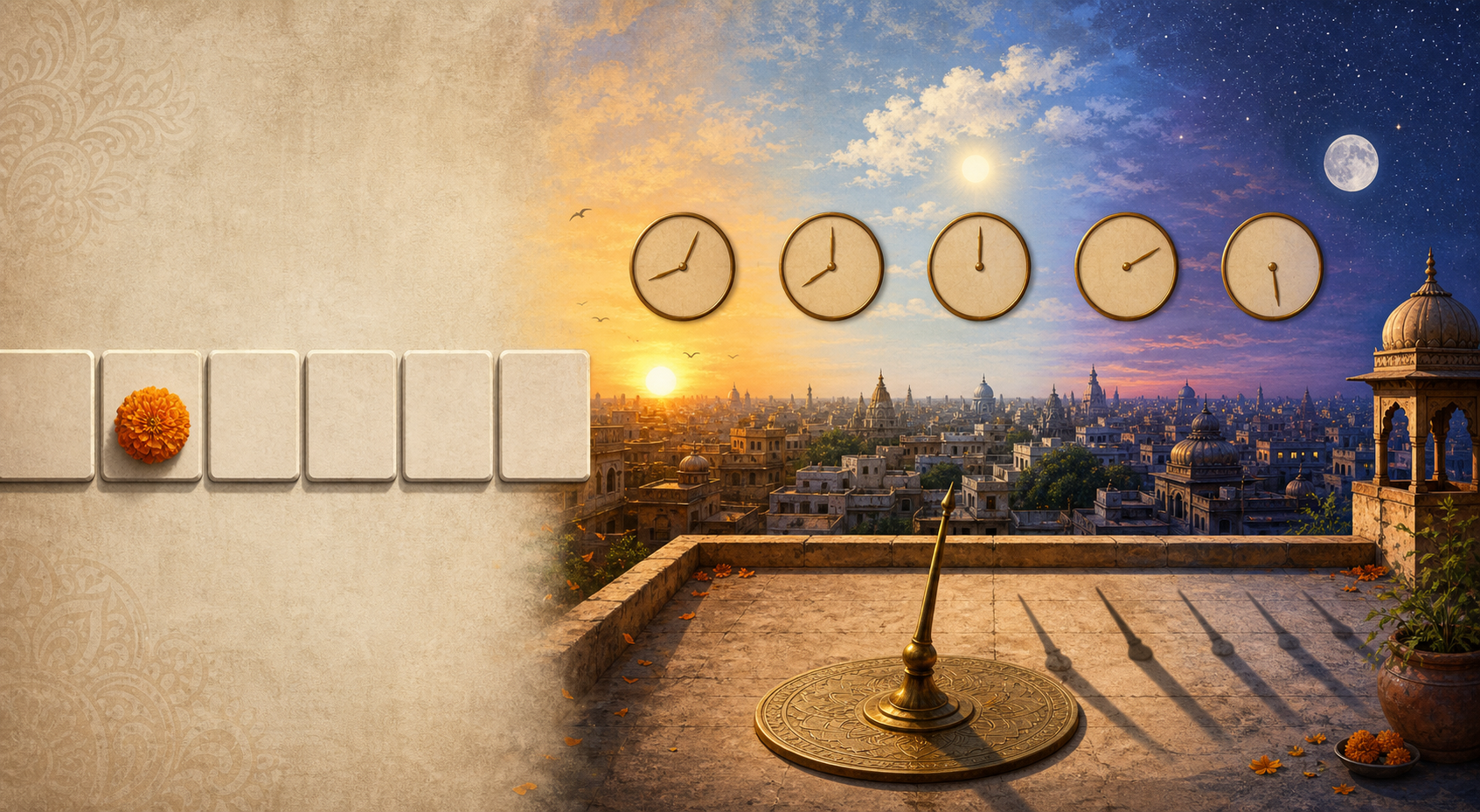 A marigold marks one blank calendar tile beside a cityscape that transitions from sunrise to moonrise with changing shadows and numeral-free clocks.