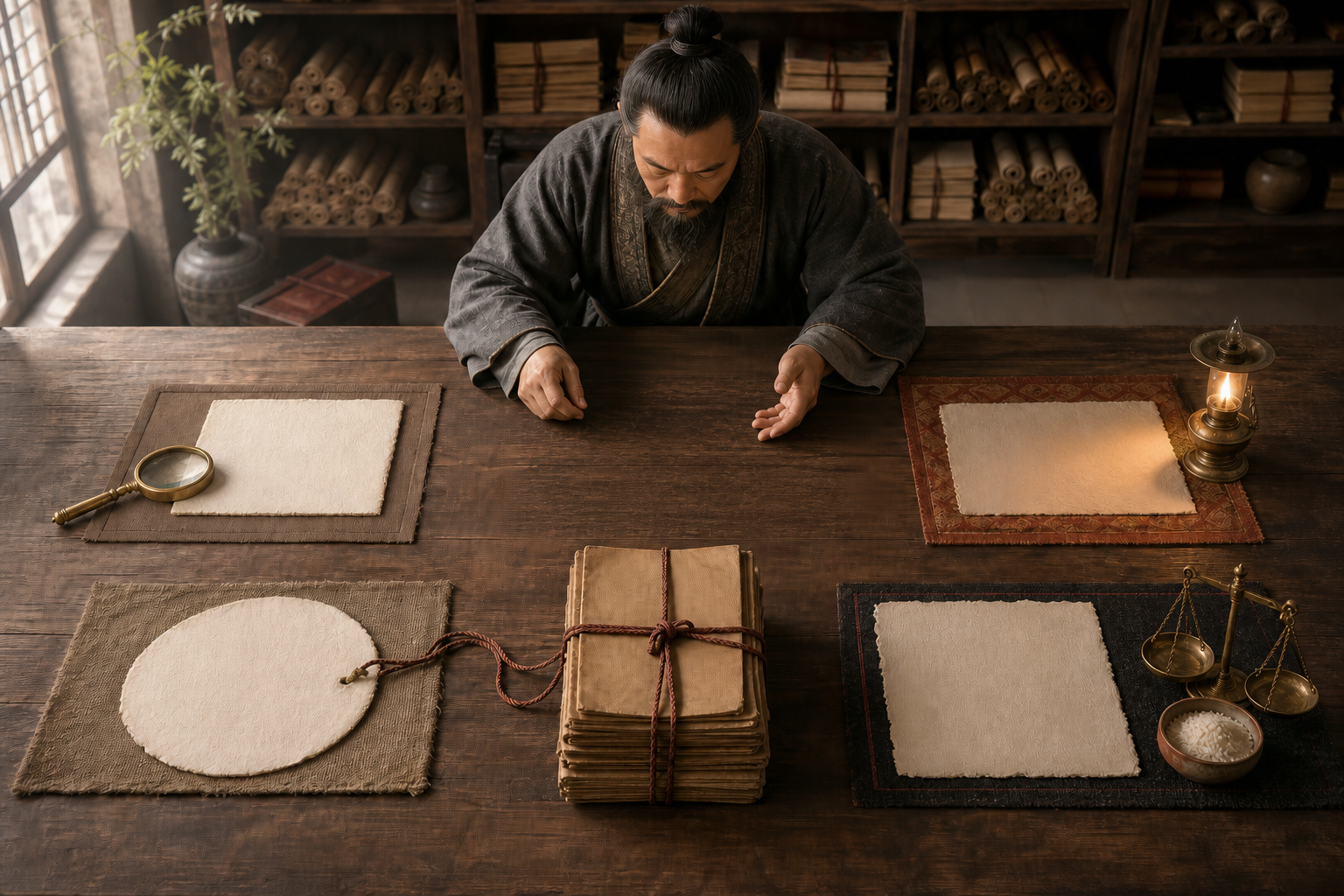 A scholar separates four blank manuscript leaves across a table, pairing them with a lens, lamp, manuscript bundle, and balance.