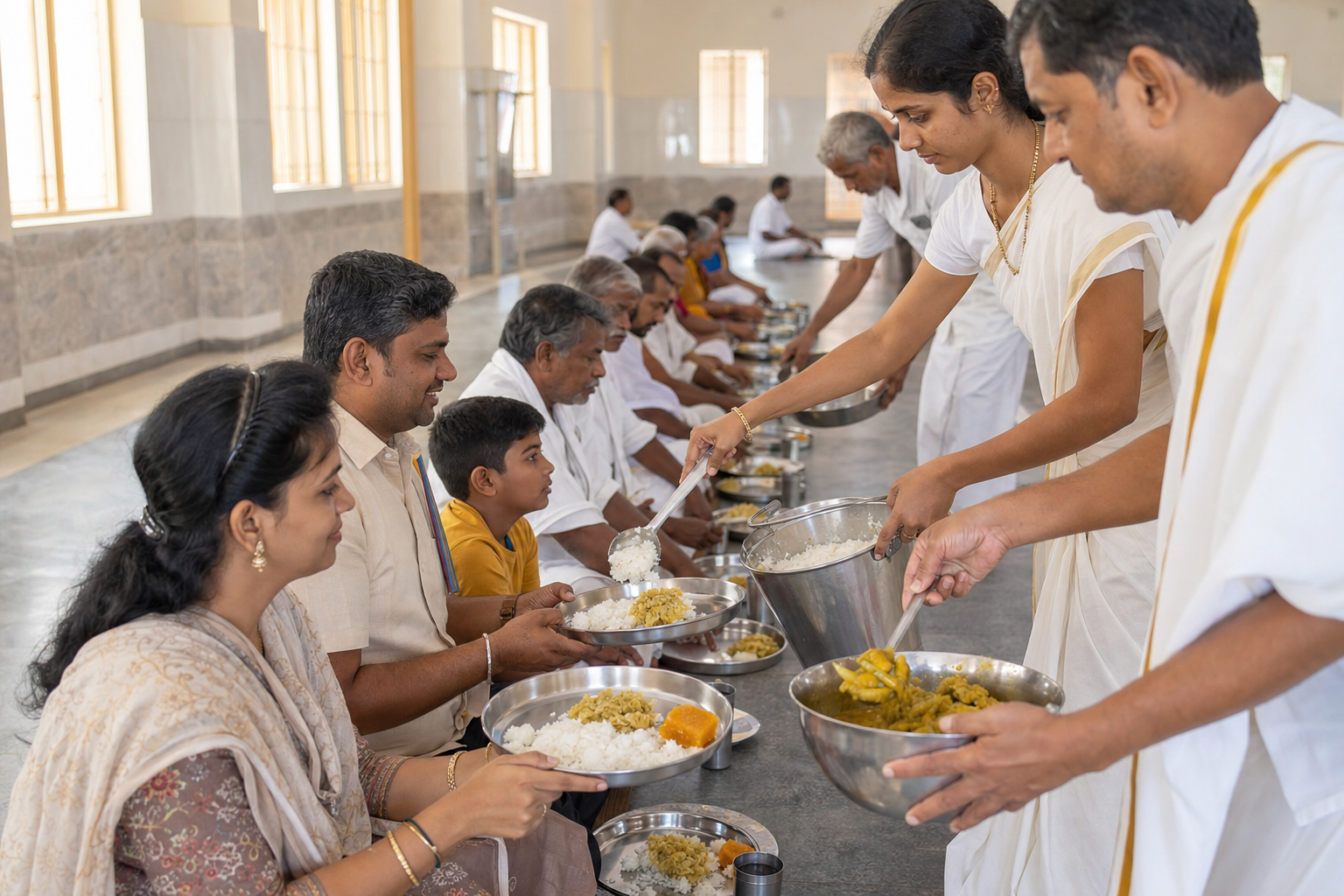 Volunteers and pilgrims serve a simple vegetarian meal to seated visitors in a bright communal dining hall.