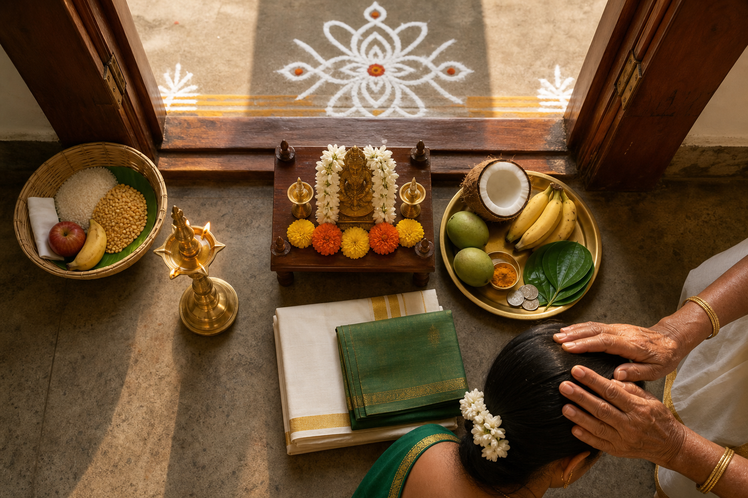 Puthandu observance items include a kolam, lit brass lamp, flowers, fruit offerings, folded clothing, and a basket of food for charity as an elder blesses a younger relative.