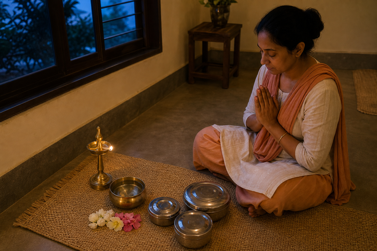 A household member sits beside an oil lamp, flowers, water, and a neatly arranged covered vegetarian meal at twilight.