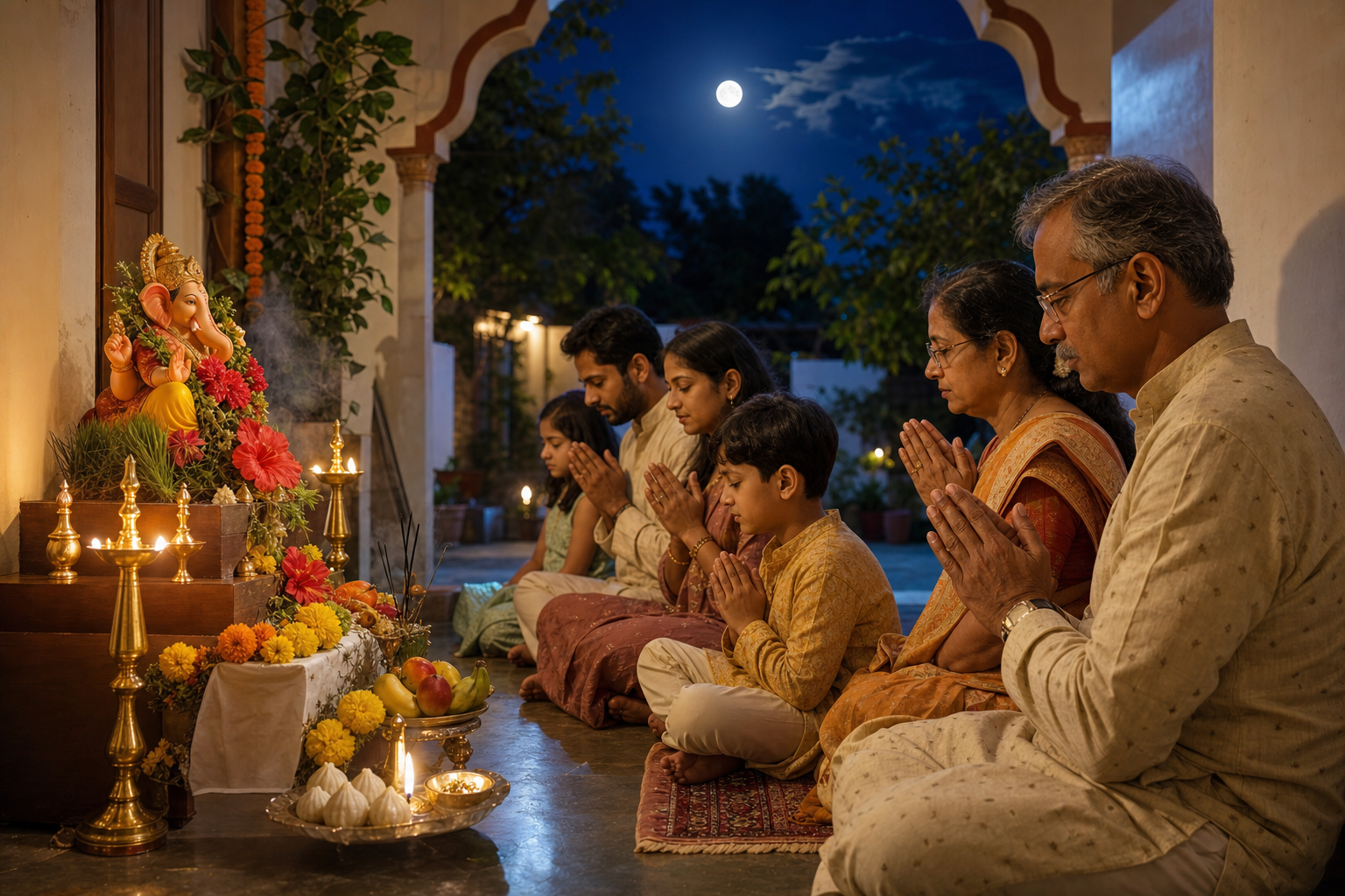 A family prays before a flower-decorated Ganesha altar with lamps, fruit, and sweets as the moon rises beyond the courtyard.