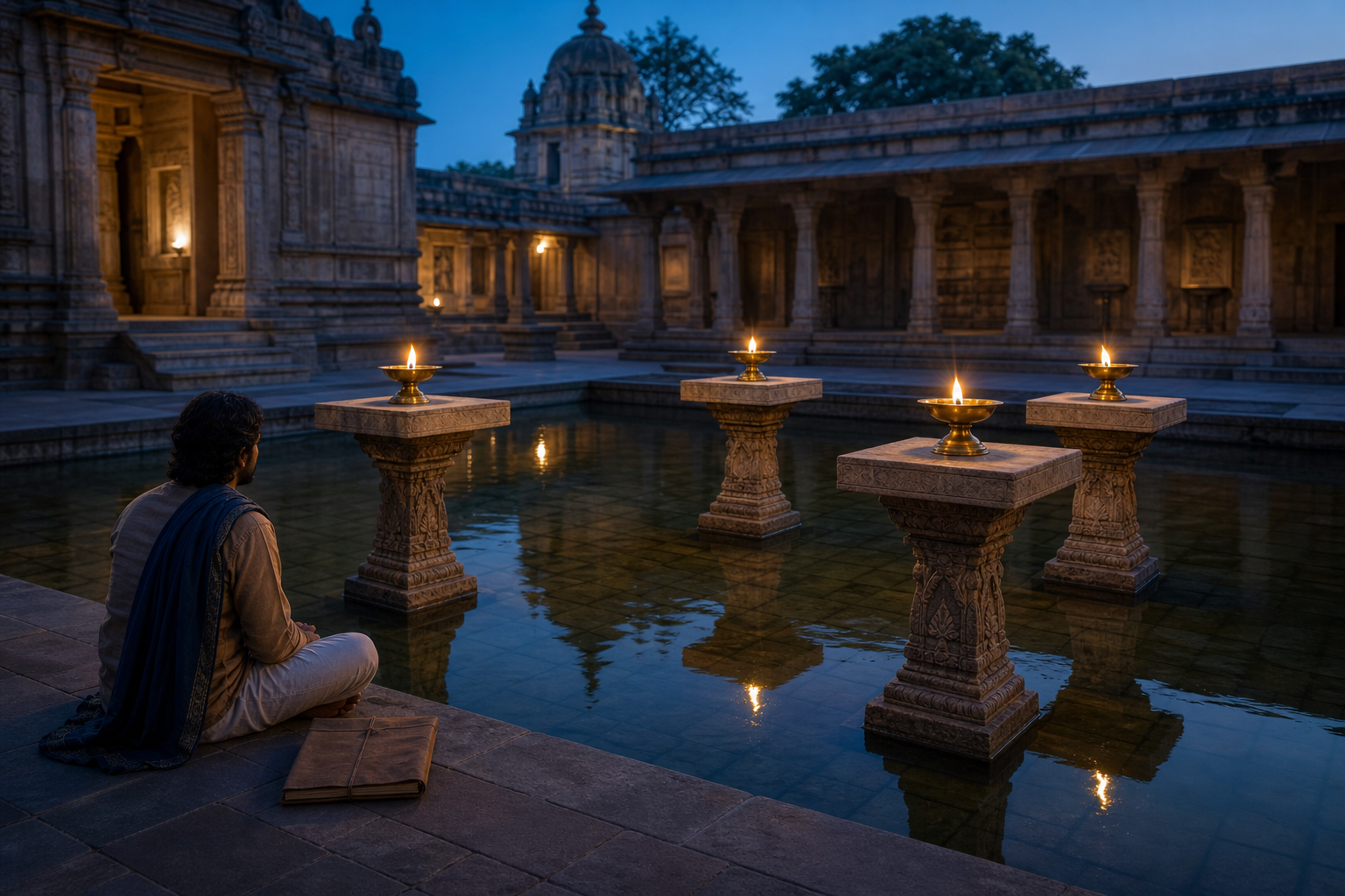 Four oil lamps stand on separate stone pillars above a reflecting pool while a seated reader observes them at dusk.