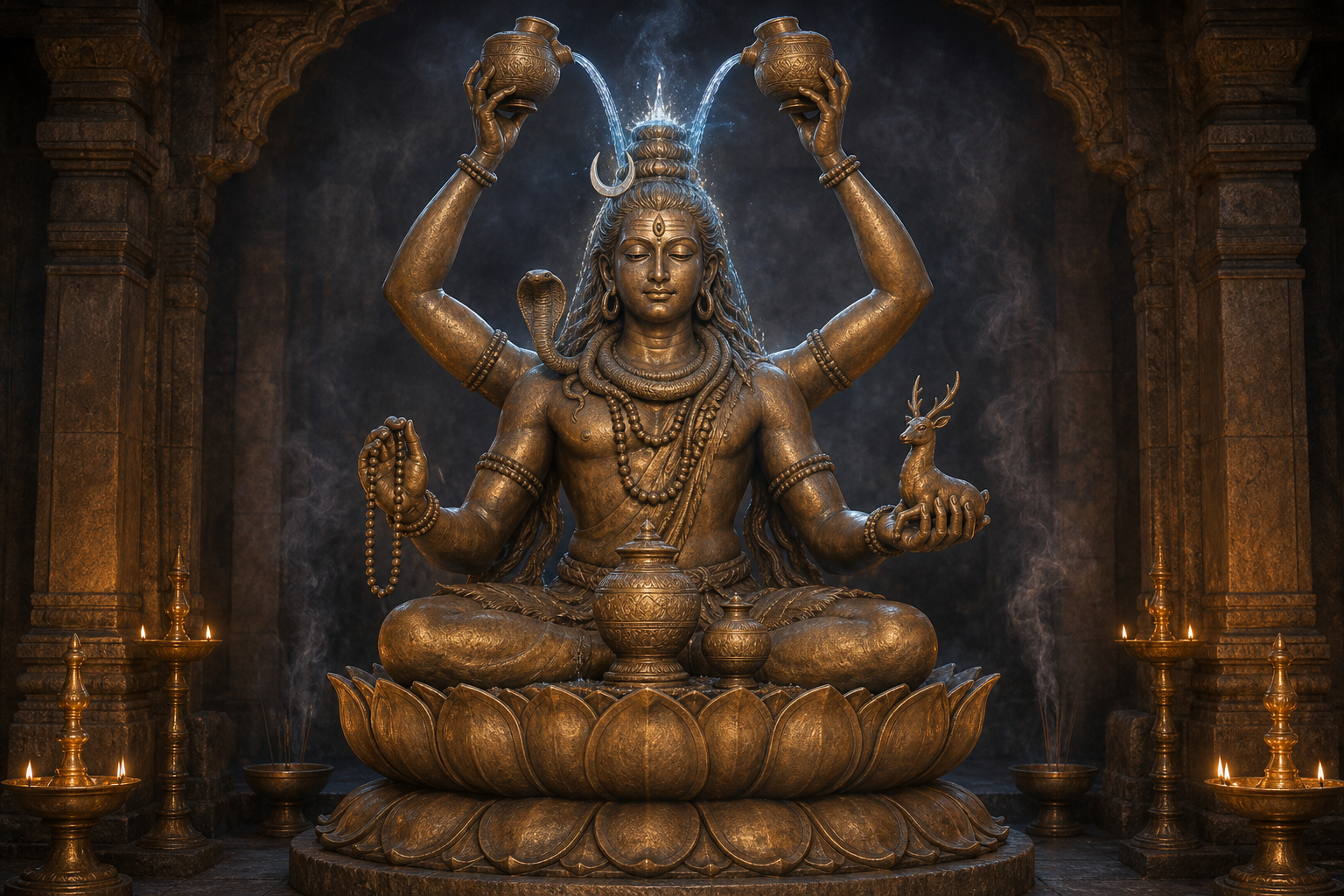 A seated multi-armed Shiva sculpture raises ritual vessels above the head while fine streams descend toward the crown; a third eye, crescent moon, rosary, deer emblem, and vessels near the lap are also visible.