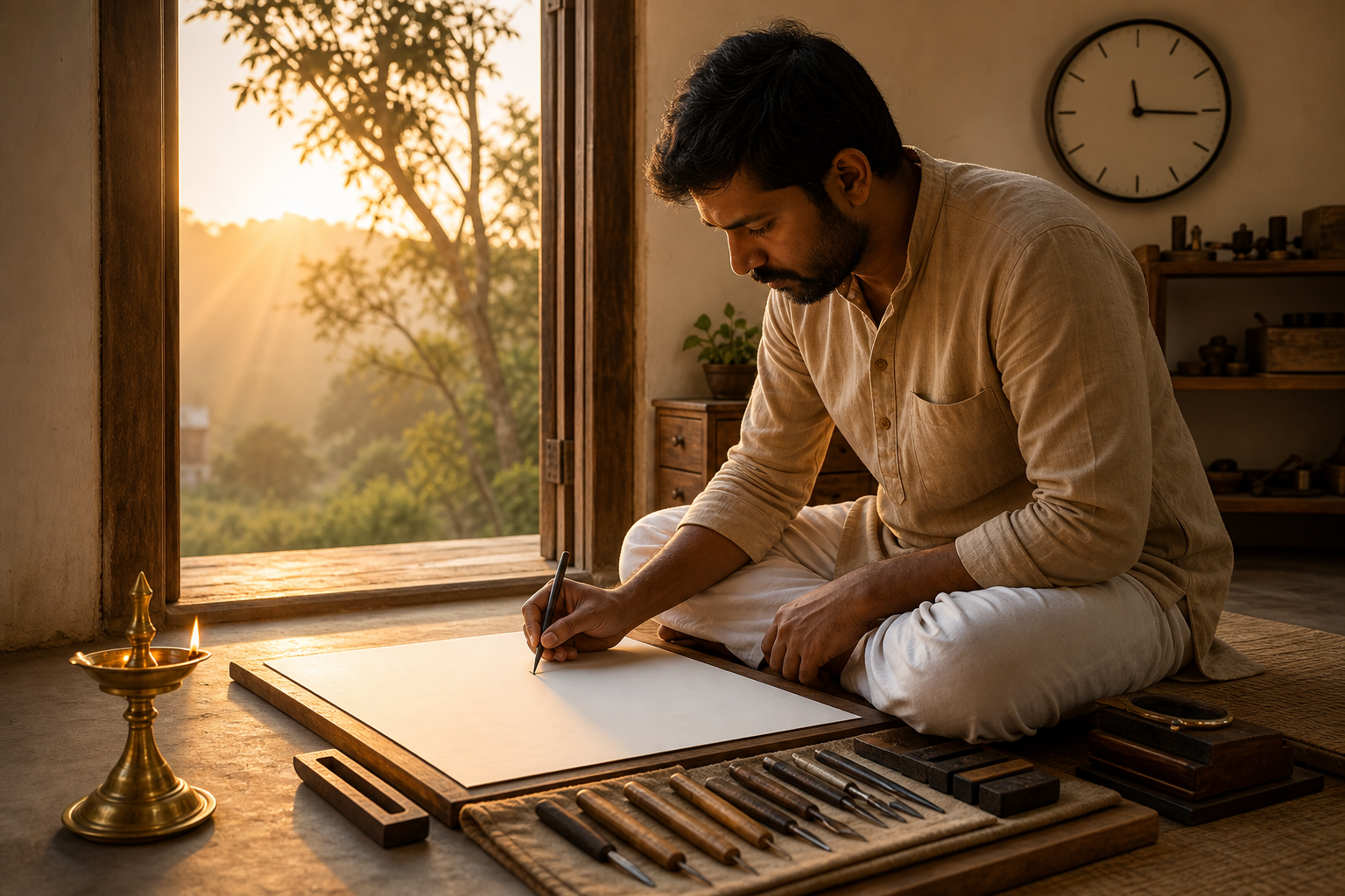 An artisan begins work on a blank sheet at a sunlit workshop threshold beside arranged tools, a brass lamp, and a numeral-free clock.