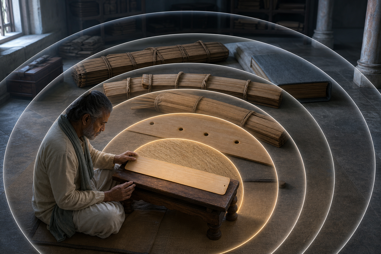 A reader studies a palm-leaf folio as six concentric bands of light reveal progressively wider layers of the manuscript and its surrounding sources.