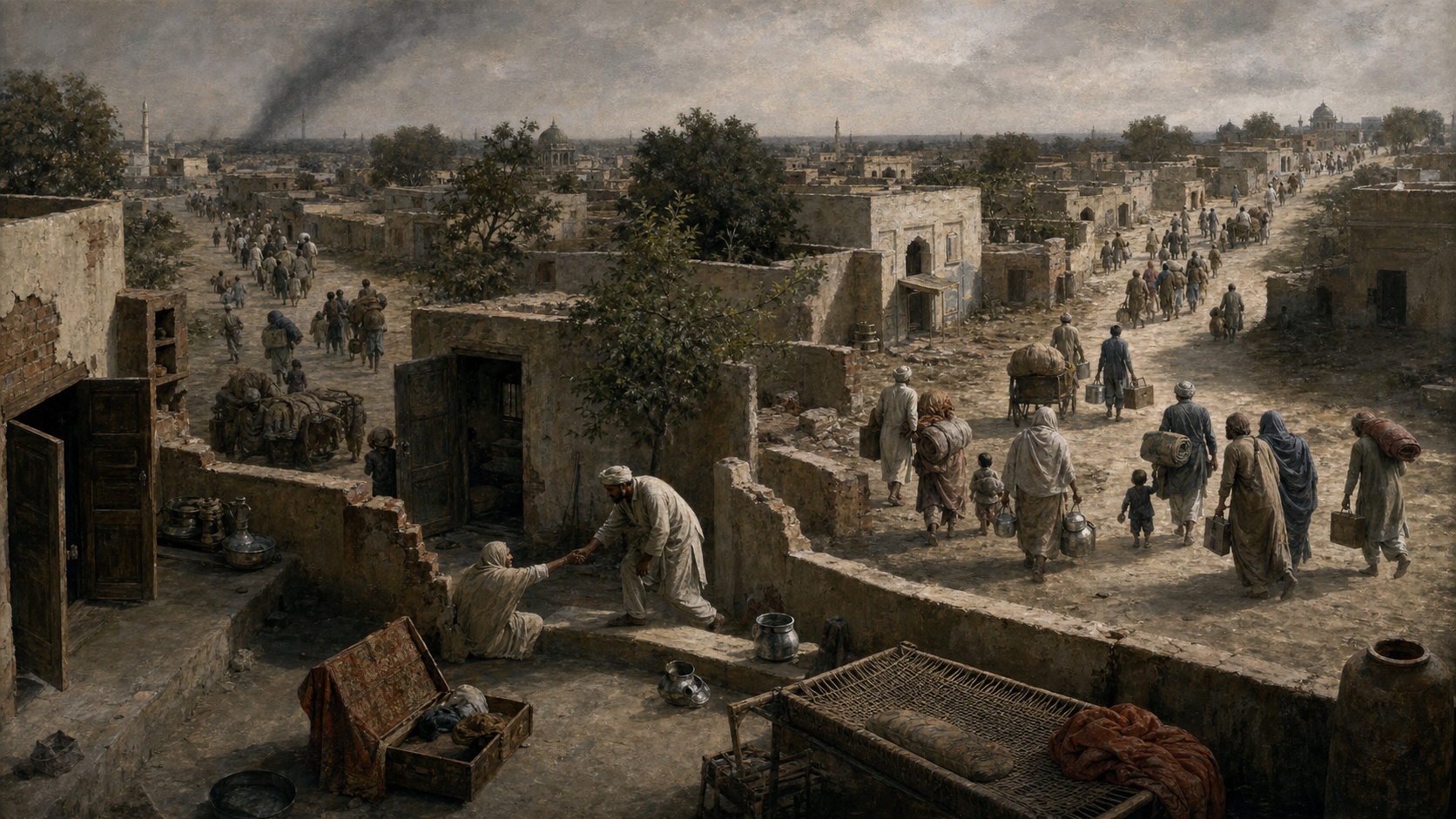 An editorial illustration shows one civilian helping another at a broken courtyard threshold while displaced families carrying bundles leave nearby homes along diverging roads.